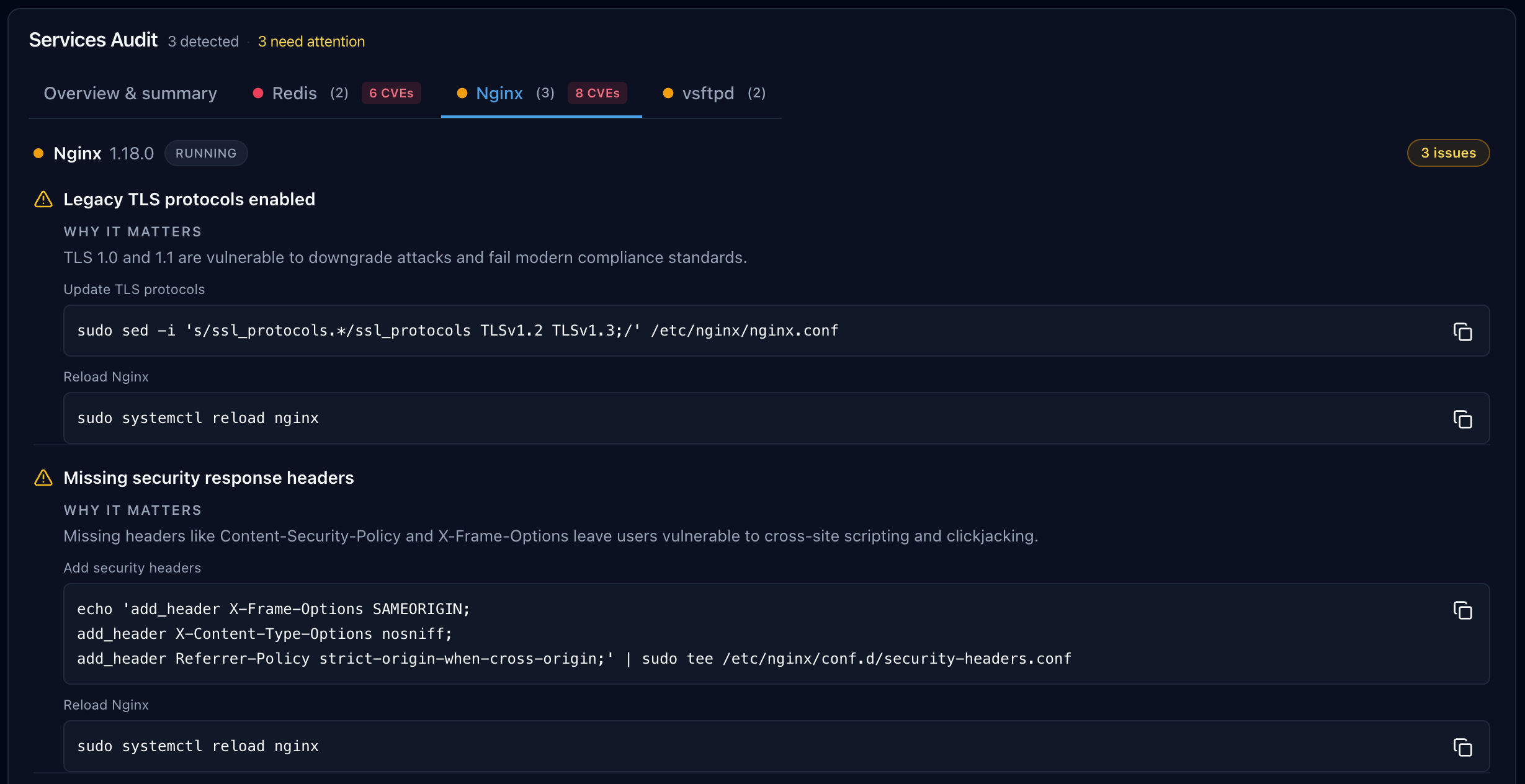 Detalle de fallos y comandos de corrección